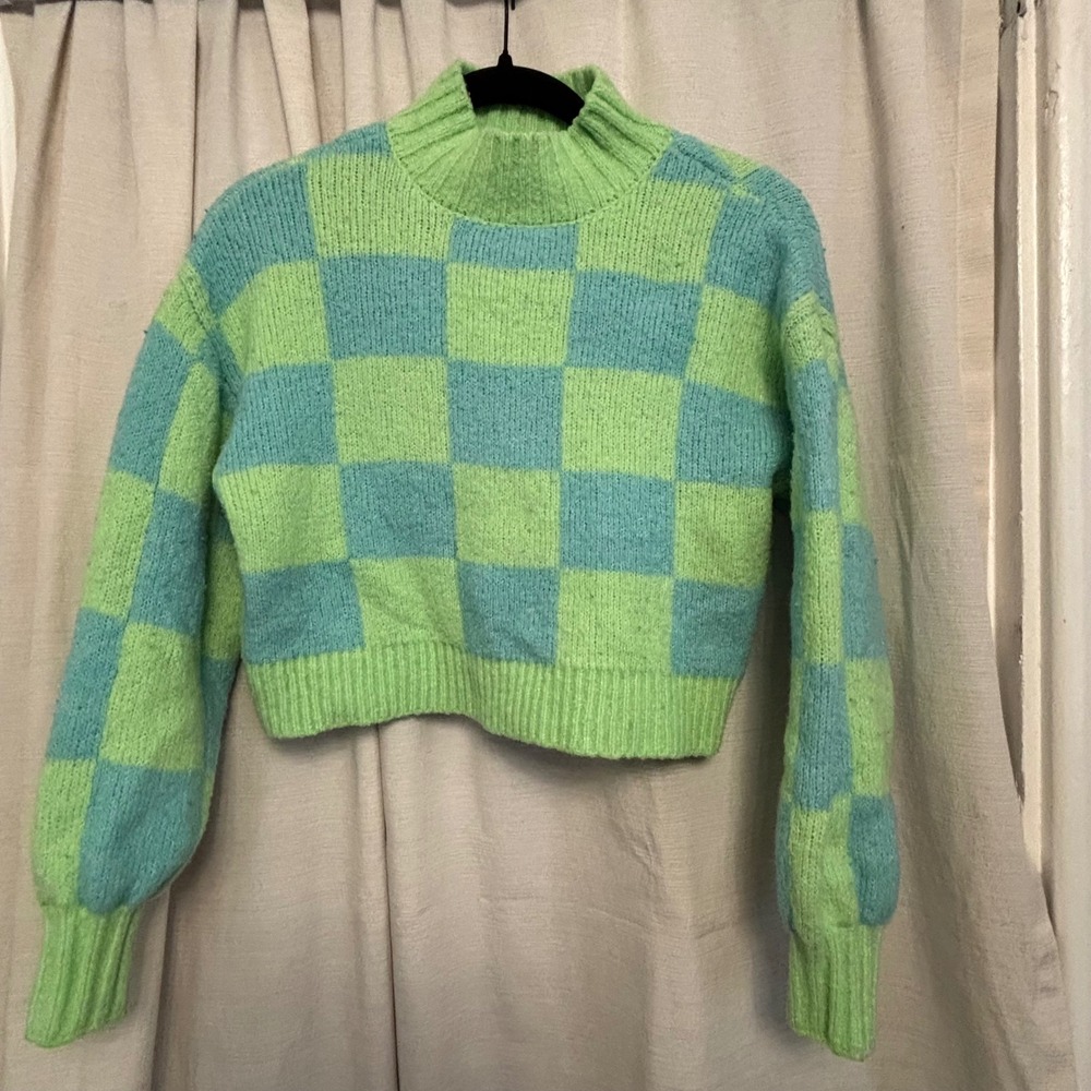 MM by My Michelle Green Blue Checkered Cropped Mock Neck Sweater Small